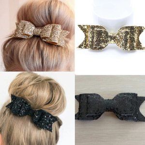 2 Gitter Hair Bow Clips Black and Gold